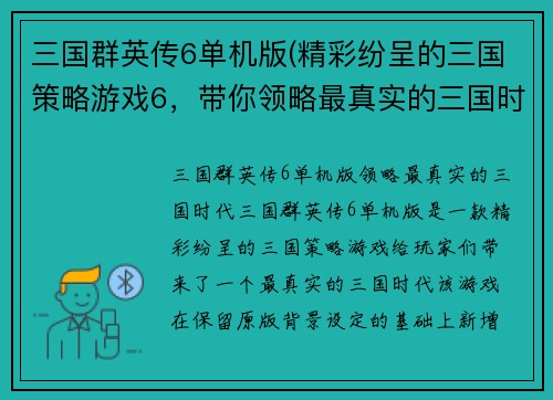 三国群英传6单机版(精彩纷呈的三国策略游戏6，带你领略最真实的三国时代！)